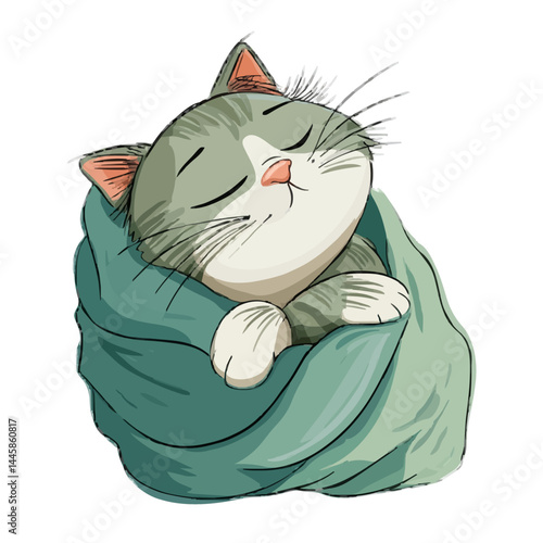 A cute cat sleeping peacefully in a cozy blanket