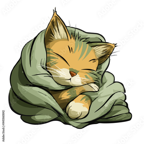 A cute orange cat curled up asleep under a blanket, its paws tucked in, eyes closed,  and a peaceful expression.  