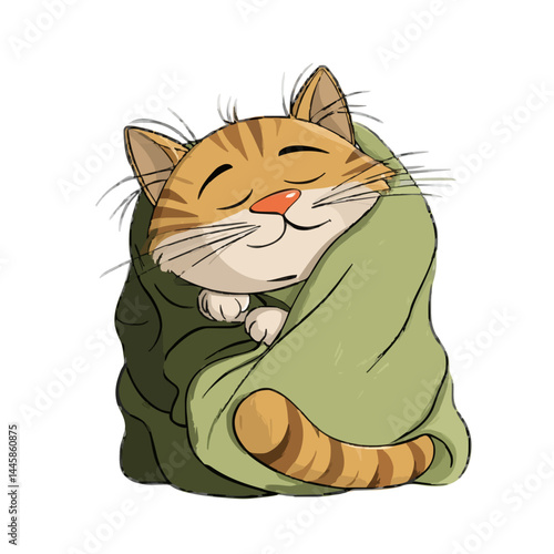 A comfortable cat wrapped in a blanket and feeling content