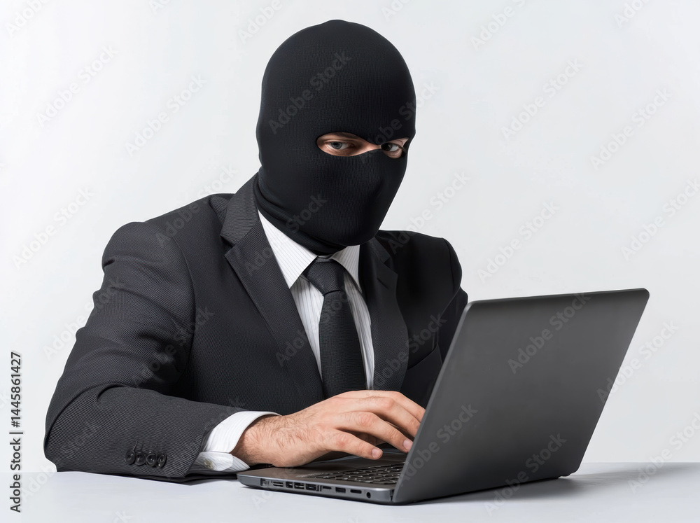 Businessman in a ski mask working on a laptop against a gray background Businessman in a ski mask working on a laptop against a gray background