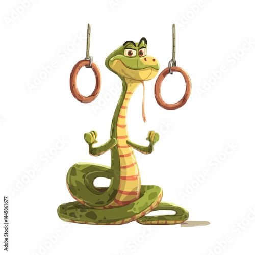 A cartoon snake smiling with two gymnastic rings