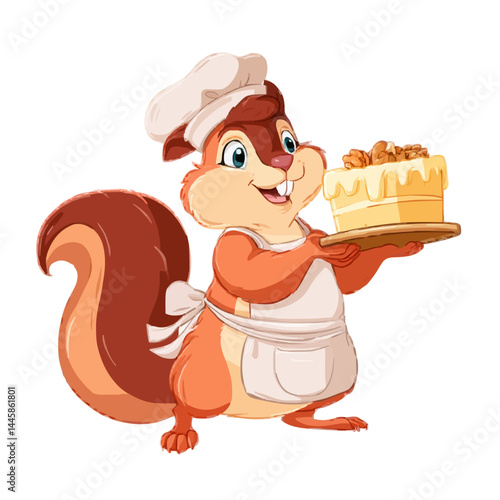 A cute cartoon squirrel baker holding a delicious cake