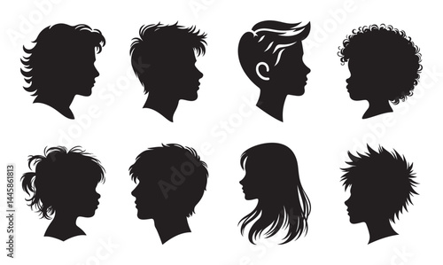 Black vector silhouettes of children's and teens' heads in side profile