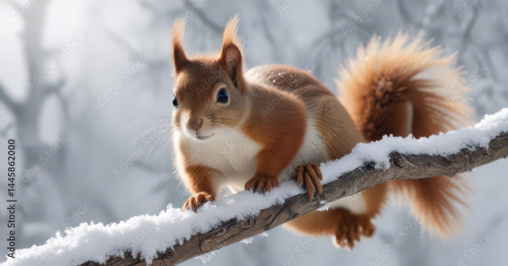 Tiny red squirrel clings to snow-covered branch, eyes bright, red squirrel, winter scene Tiny red squirrel clings to snow-covered branch, eyes bright, red squirrel, winter scene