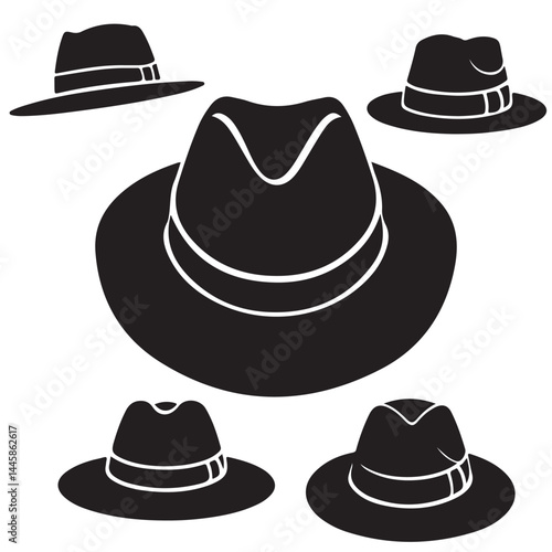 black  vector set various fedora hat also outline silhouettes	
