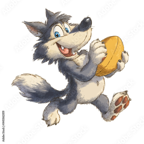 A playful cartoon wolf holding a cheese