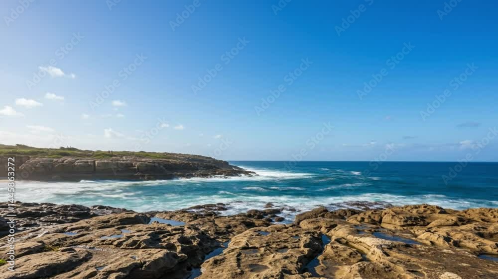 Waves Crashing on Rocky Coastline Under Clear Blue Sky Nature Scene Waves Crashing on Rocky Coastline Under Clear Blue Sky Nature Scene
