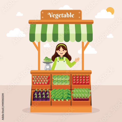 Market stall with salesman trading vegetables