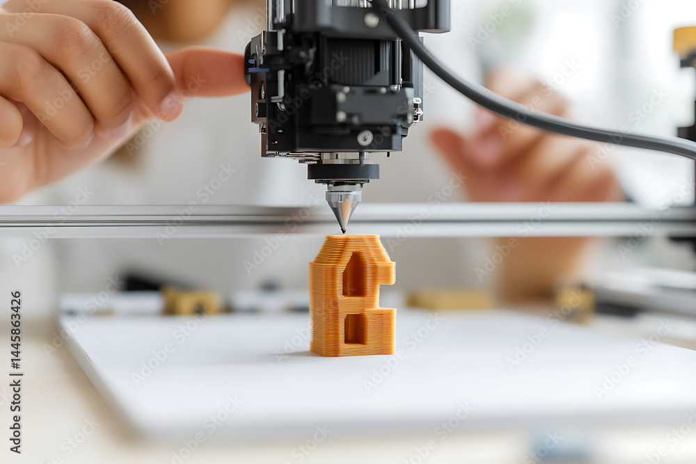 Fototapeta premium 3D printer creating a miniature house model. Innovation in rapid prototyping for architecture and product design. Precision at its finest.