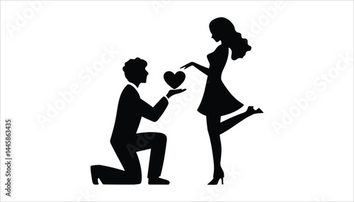 Romantic Proposal Silhouette – Man Giving Heart to Woman Vector Illustration