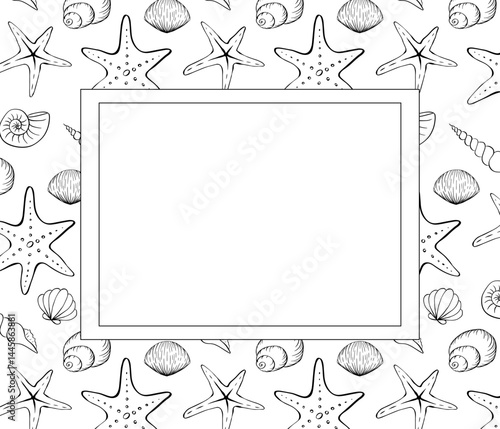 Seashell rectangle frame. Vector graphic line ink illustration of seashells. Hand drawn linear drawing on isolated background. Design for package, cosmetic, textile, cards.