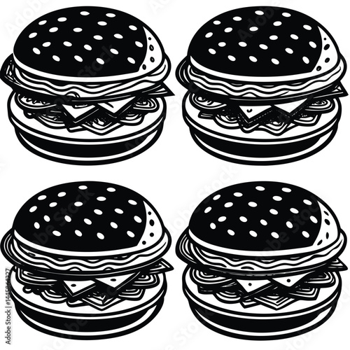 Delicious Double Cheeseburger Illustration Black and White Food Art