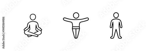 Simple outline showing seated meditation, open arms, and standing posture representing wellness, balance, and growth on a transparent background