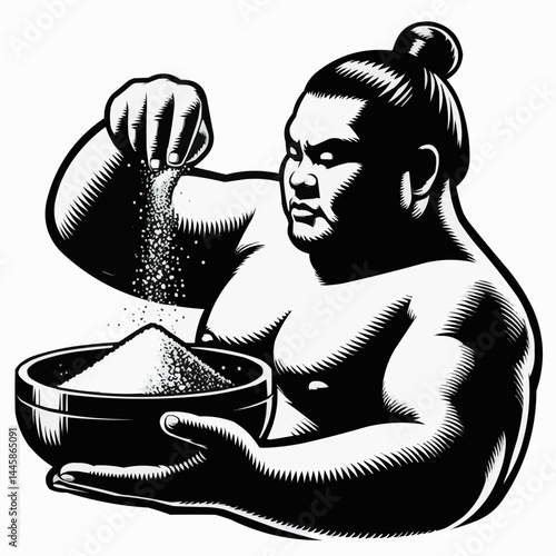 Sumo wrestler, focused mood, pouring salt into a bowl, black and white graphic style