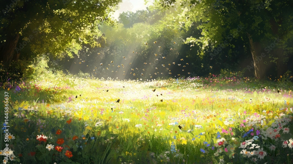 Fototapeta premium Sunlit Meadow with Bees and Flowers