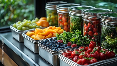 Fototapeta Naklejka Na Ścianę i Meble -  Freshly prepared fruits and vegetables displayed in jars and containers on a countertop with greenery