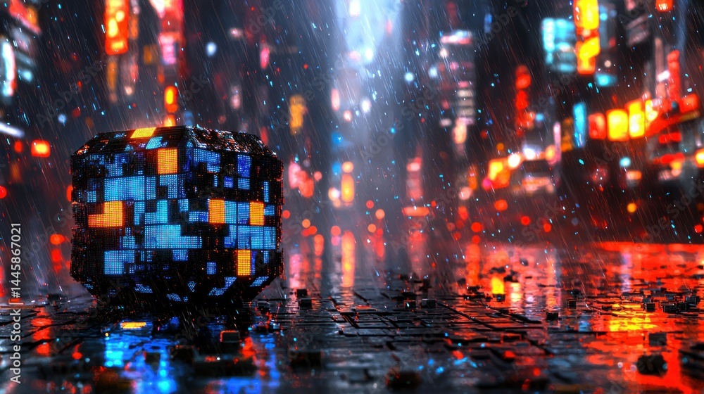Futuristic cube amidst bright cityscape reflection Futuristic cube amidst bright cityscape reflection