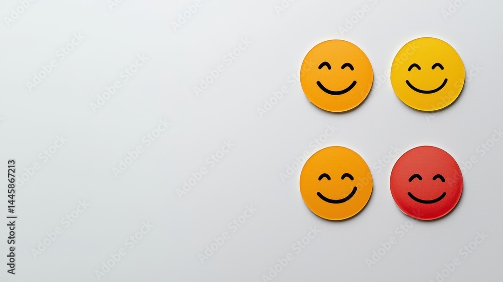 Fototapeta premium Four smiley face icons on a white background showing three yellow and one red signifying positive feedback and one negative review or comment.