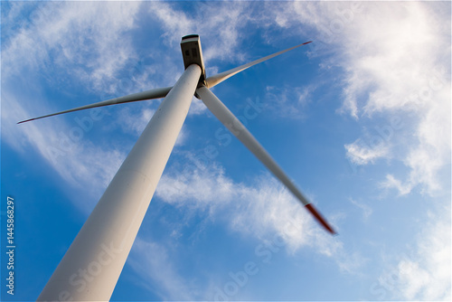 Close Up wind turbine produce energy against sky, low angle, modern power plant, alternative energy sources