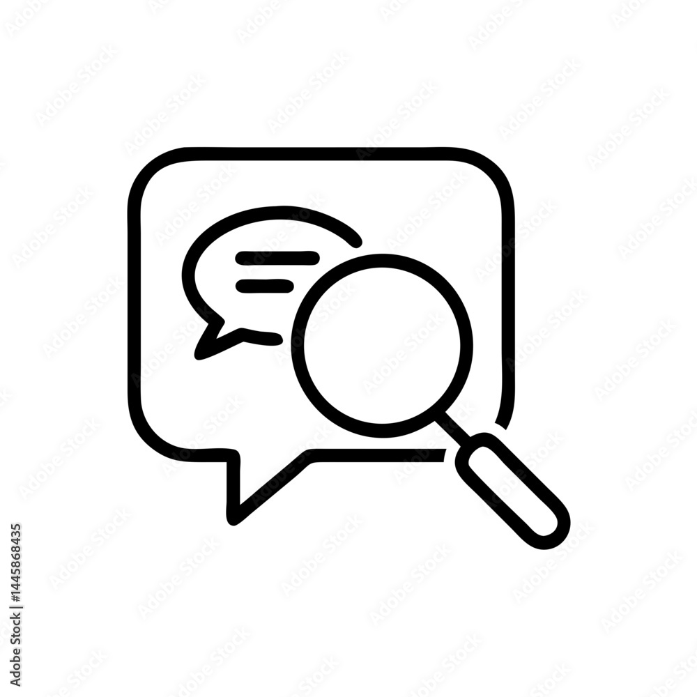 Search messages icon symbol with a magnifying glass and speech bubble on white background with copy space Search messages icon symbol with a magnifying glass and speech bubble on white background with copy space