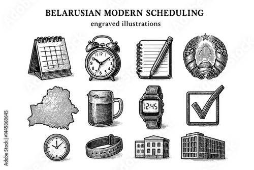 Engraved illustrations of Belarusian modern scheduling concepts highlighting time management and organization