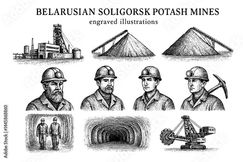 Engraved illustrations showcase the rich history of potash mining in Belarus and the hardworking miners of Soligorsk