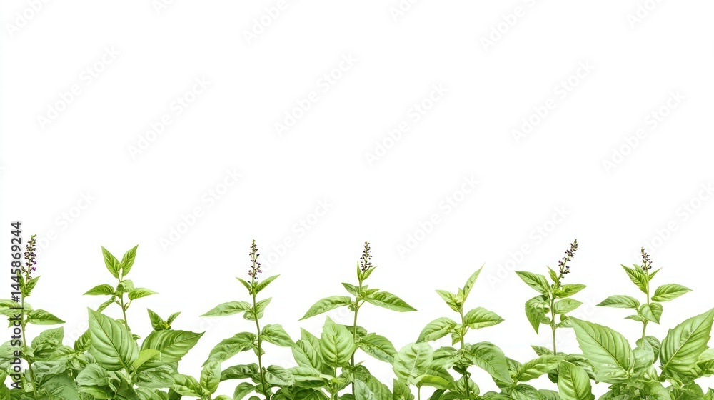 Fototapeta premium Vibrant Basil Border: Fresh Green Herbs on White Background