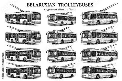 Belarusian trolleybuses captured in intricate engraved illustrations showcasing diverse designs and styles throughout history
