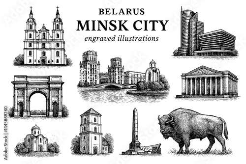 Discovering the enchanting architectural heritage and modern skyline of Minsk city, Belarus, through artistic engravings and illustrations