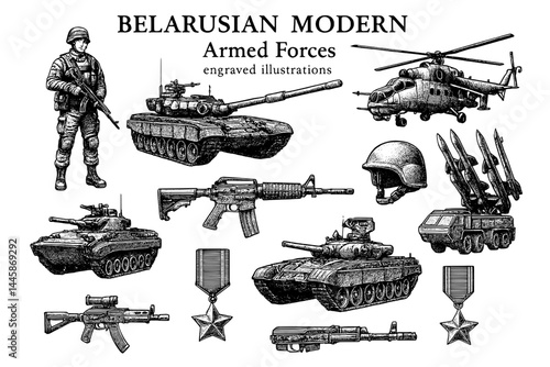 Engraved illustrations showcasing Belarusian modern armed forces with soldiers, vehicles, and weapons in detailed artistry