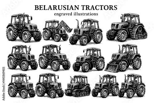 Engraved illustrations showcasing diverse models of Belarusian tractors in a detailed artistic manner
