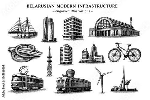 Showcasing the elegance of Belarusian modern infrastructure through engraved artistry in urban designs and transportation modes