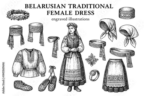 Traditional Belarusian female dress details featuring intricate engravings of garments and accessories