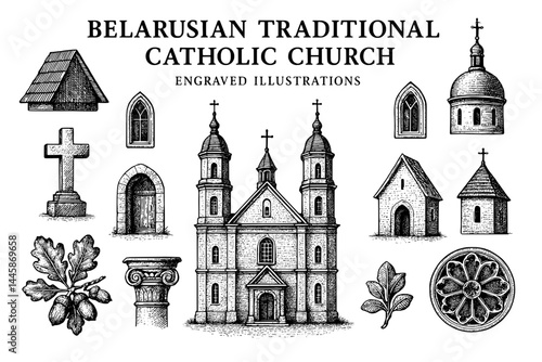 Engraved illustrations showcasing traditional elements of a Belarusian Catholic church with architectural details and symbolic designs
