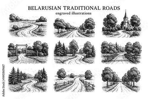 Exploring the serene beauty of Belarusian traditional roads through artistic engravings that capture timeless landscapes and rural charm