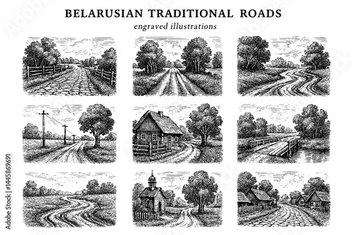 Exploring the beauty of Belarusian traditional roads through detailed engravings depicting rural life