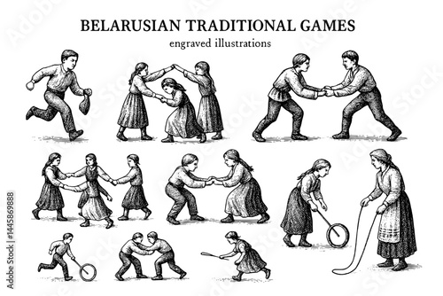 Engraved illustrations showcasing belarusian traditional games and playful activities among children and adults in historical settings