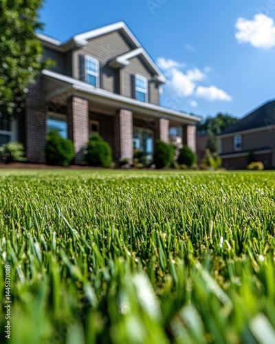 Lush green lawn leading to a beautiful brown house under a bright blue sky evoking serenity and comfort in a suburban neighborhood