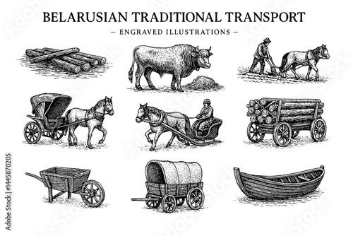 Exploring the charm of Belarusian traditional transport through exquisite engravings depicting various modes and historical significance