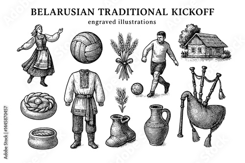 Belarusian culture and sports blend through traditional kickoff elements showcased in detailed engravings