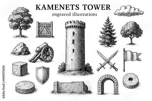Engraved illustrations showcase Kamenets Tower and historical elements of its fortified landscape