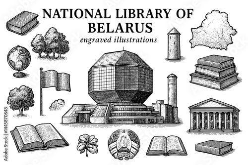 Engraved illustrations of the National Library of Belarus showcasing its unique architecture and cultural elements