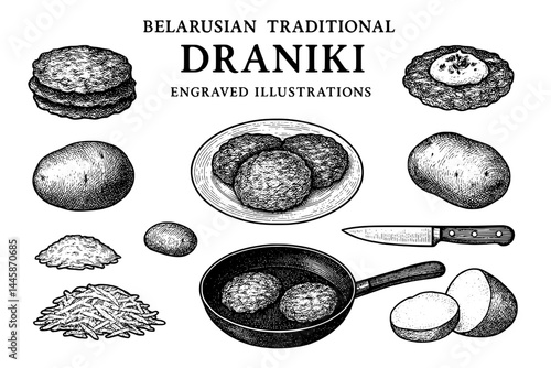 Exploring the artistry of traditional Draniki preparation in a detailed engraved illustration showcasing ingredients and culinary tools