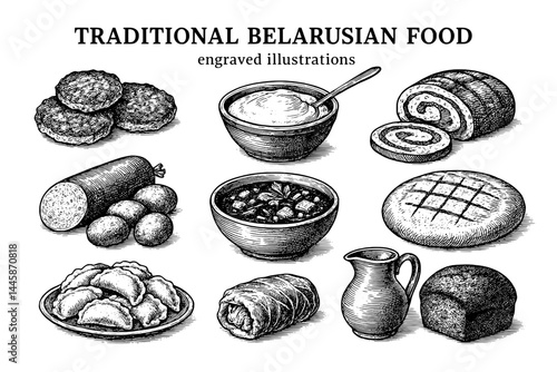 Engraved illustrations of traditional Belarusian food showcasing vibrant culinary culture and heritage through detailed artistry