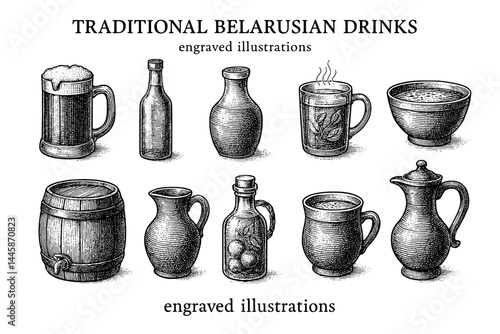 Traditional Belarusian drinks beautifully displayed through intricate engravings highlighting cultural heritage and craft