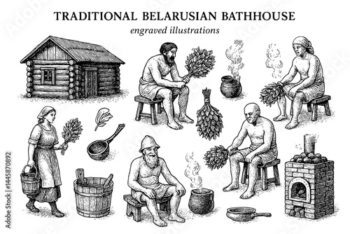 Exploring the rich culture of traditional Belarusian bathhouse practices in engraved illustrations