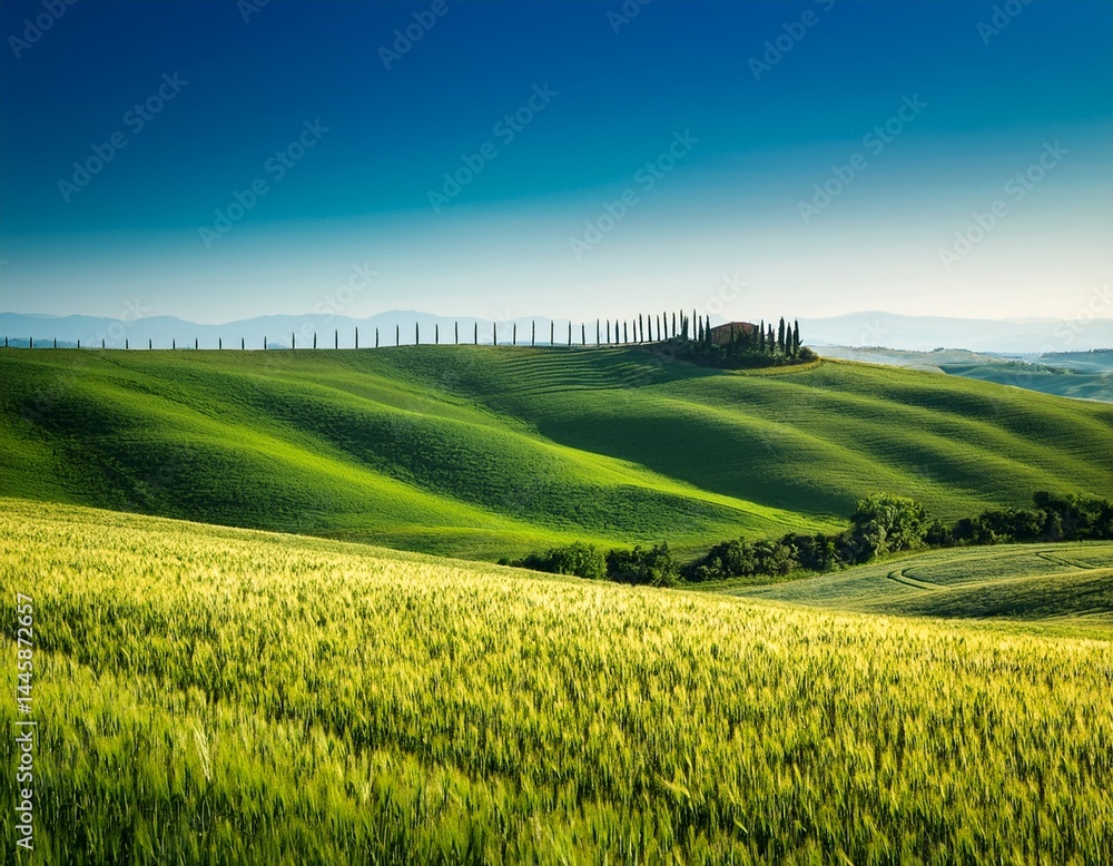 Obraz premium a lush green fields under a clear blue sky tuscany hills italy