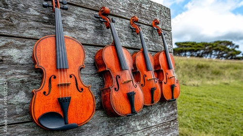 Four violins on a wooden wall outdoors