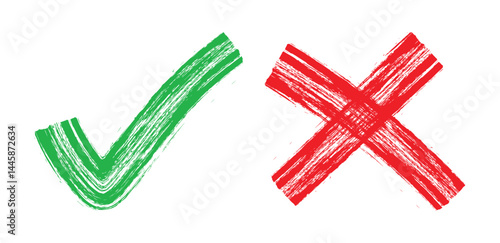 Grunge green check mark and red x sign design elements. Vector Hand Drawn Check Mark And Cross Mark In Grunge Style- stock vector Collection.