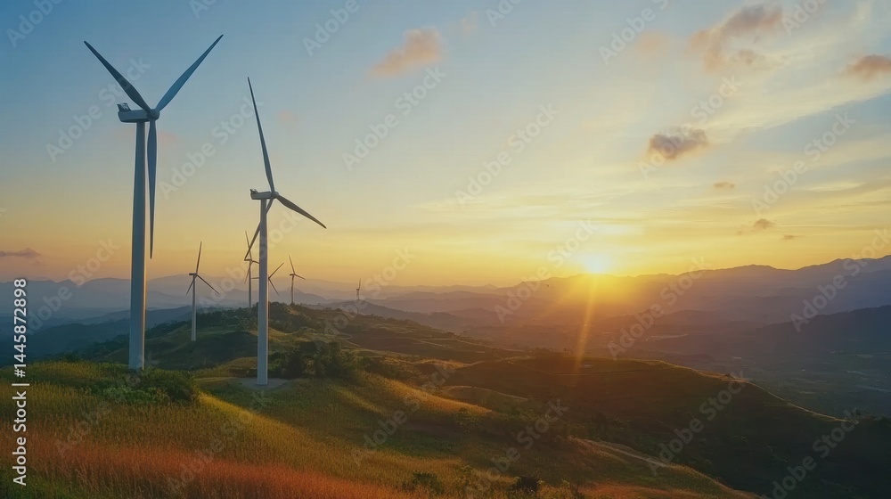 Obraz premium Wind turbines harnessing the power of nature on a hill at sunset clean sustainable energy technology